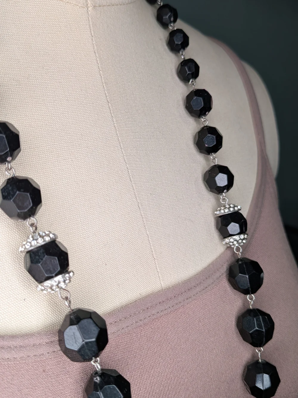 Long Faceted Black Bead Necklace Rhinestone Pave Accent Opera Length